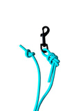 A bright teal dog leash with a black metal clip and matching knot details.
