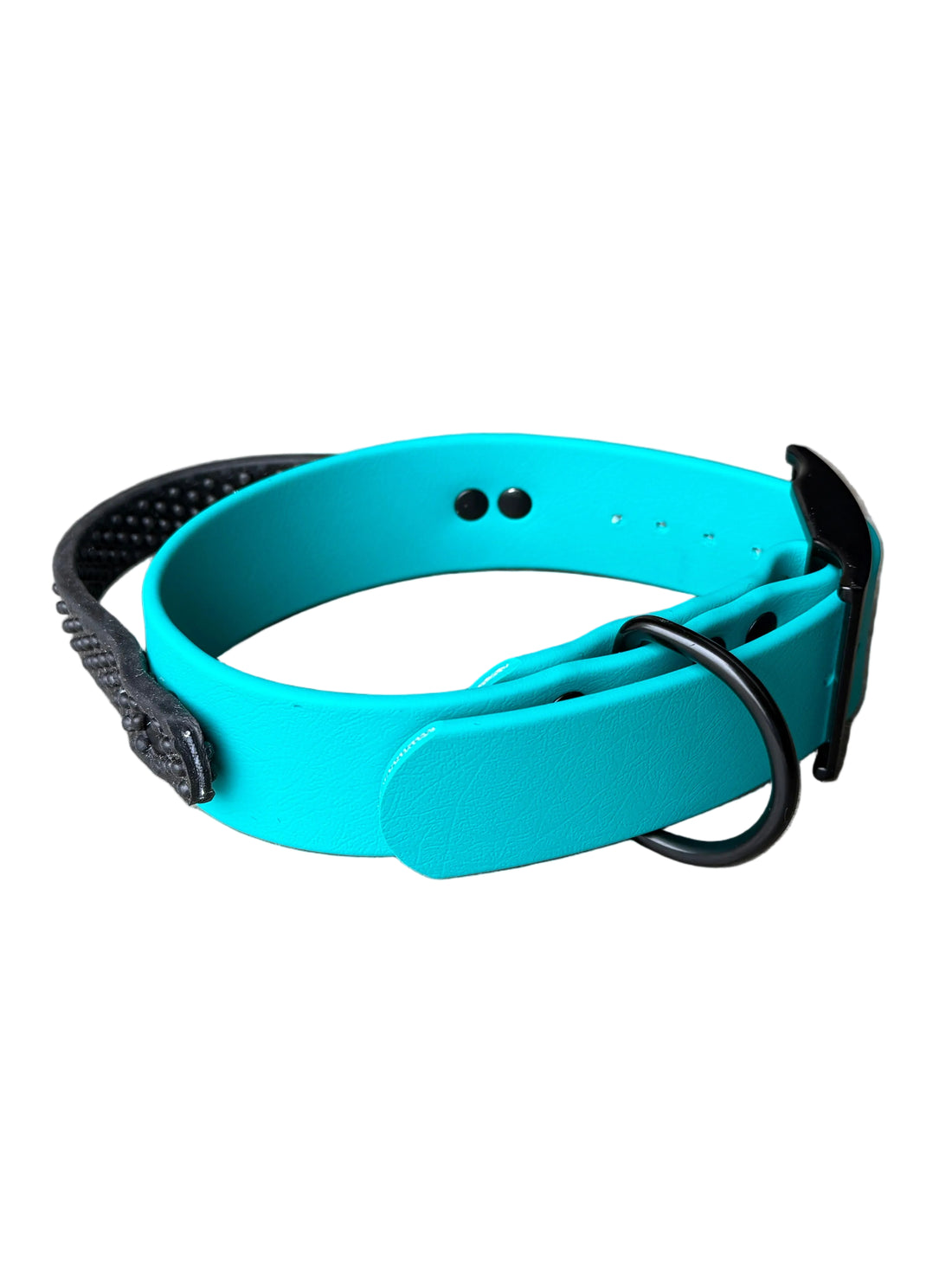 A wine biothane dog collar with black hardware and a black rubber strap on a white background