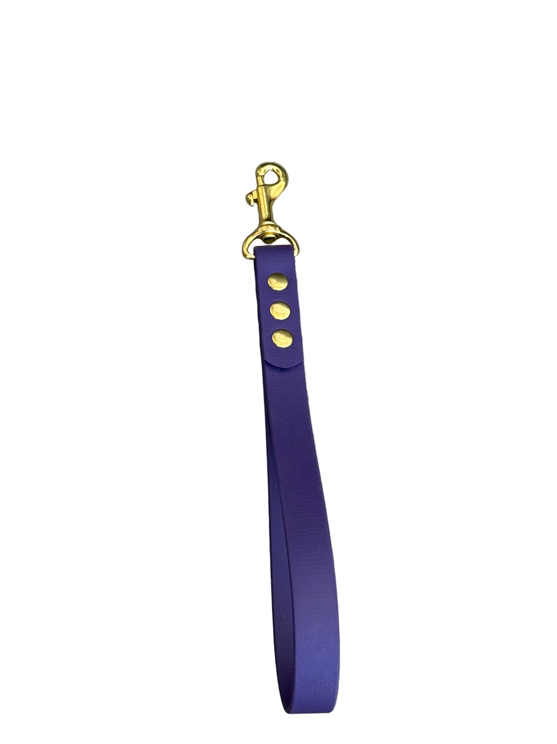 Purple dog leash with brass hardware on a white background.